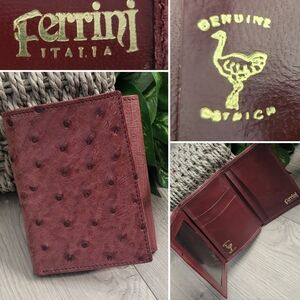 Ferrini Italia Ostrich Full Quill Leather Maroon Brown Trifold Wallet, 4"x3"